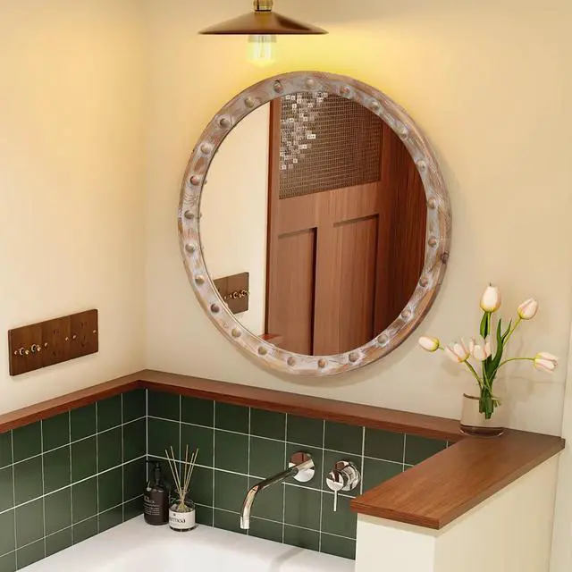 Alt view image 5 of 7 - Vintage Rustic Round Wall Mirror (23.62" x 23.62") - Distressed Wood Frame with Rivet Detail, Decorative Hanging Mirror for Bathroom, Bedroom, Entryway