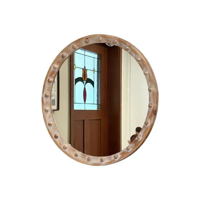 Alt view image 3 of 7 - Vintage Rustic Round Wall Mirror (23.62" x 23.62") - Distressed Wood Frame with Rivet Detail, Decorative Hanging Mirror for Bathroom, Bedroom, Entryway