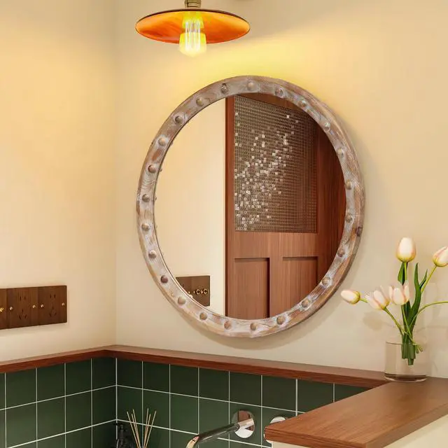 Alt view image 6 of 7 - Vintage Rustic Round Wall Mirror (23.62" x 23.62") - Distressed Wood Frame with Rivet Detail, Decorative Hanging Mirror for Bathroom, Bedroom, Entryway