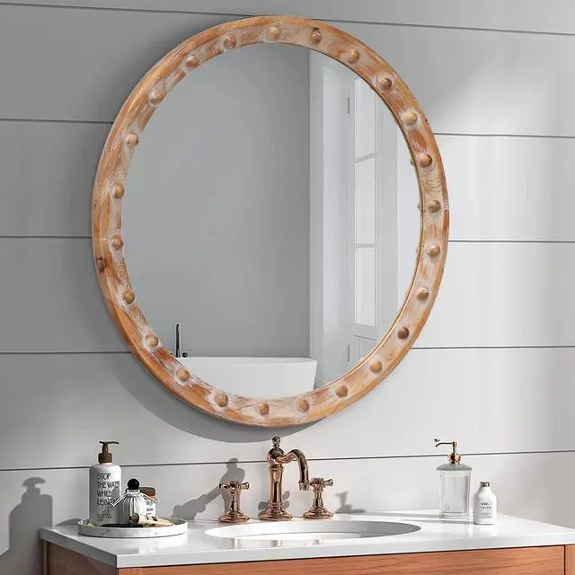 Alt view image 7 of 7 - Vintage Rustic Round Wall Mirror (23.62" x 23.62") - Distressed Wood Frame with Rivet Detail, Decorative Hanging Mirror for Bathroom, Bedroom, Entryway