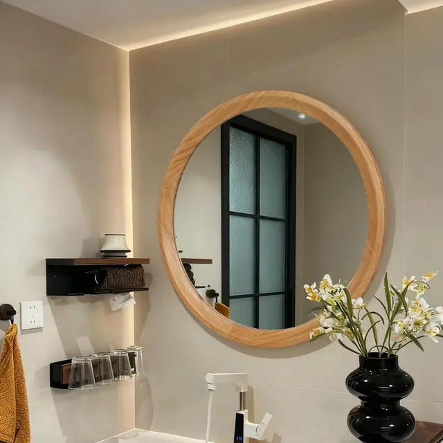 Alt view image 3 of 7 - Natural Wood Round Wall Mirror, 23.62" Minimalist Decorative Mirror for Bathroom Vanity/Living Room (Sleek Solid Wood Frame)