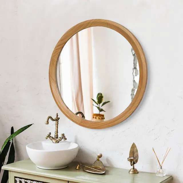 Alt view image 4 of 7 - Natural Wood Round Wall Mirror, 23.62" Minimalist Decorative Mirror for Bathroom Vanity/Living Room (Sleek Solid Wood Frame)