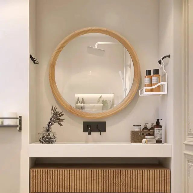 Main image of Natural Wood Round Wall Mirror, 23.62" Minimalist Decorative Mirror for Bathroom Vanity/Living Room (Sleek Solid Wood Frame)
