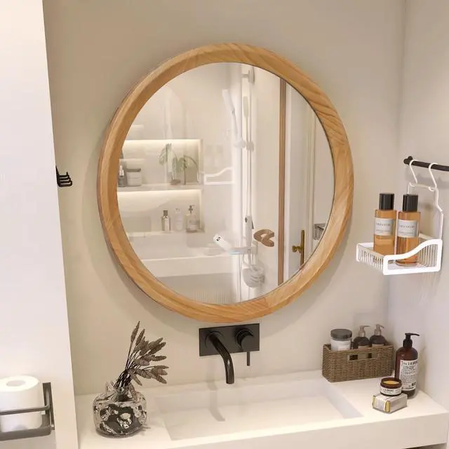Alt view image 5 of 7 - Natural Wood Round Wall Mirror, 23.62" Minimalist Decorative Mirror for Bathroom Vanity/Living Room (Sleek Solid Wood Frame)