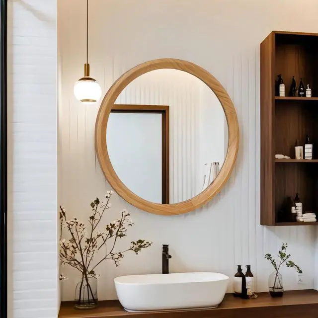 Alt view image 6 of 7 - Natural Wood Round Wall Mirror, 23.62" Minimalist Decorative Mirror for Bathroom Vanity/Living Room (Sleek Solid Wood Frame)