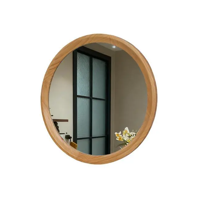 Alt view image 7 of 7 - Natural Wood Round Wall Mirror, 23.62" Minimalist Decorative Mirror for Bathroom Vanity/Living Room (Sleek Solid Wood Frame)