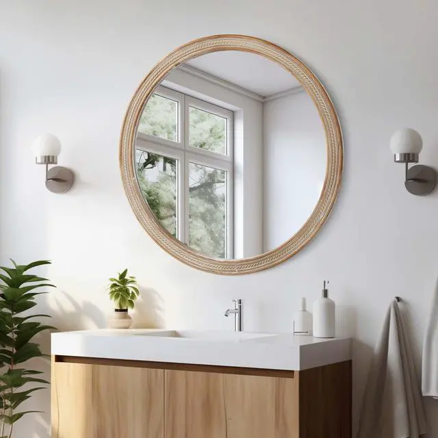 Alt view image 2 of 7 - Round Decorative Wall Mirror with Woven Rattan-Textured Frame (23.62"), Rustic Modern Accent Mirror for Bathroom/Vanity/Living Room (Easy Wall-Mount Design)