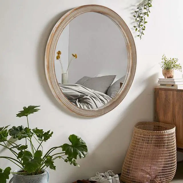 Alt view image 3 of 7 - Round Decorative Wall Mirror with Woven Rattan-Textured Frame (23.62"), Rustic Modern Accent Mirror for Bathroom/Vanity/Living Room (Easy Wall-Mount Design)