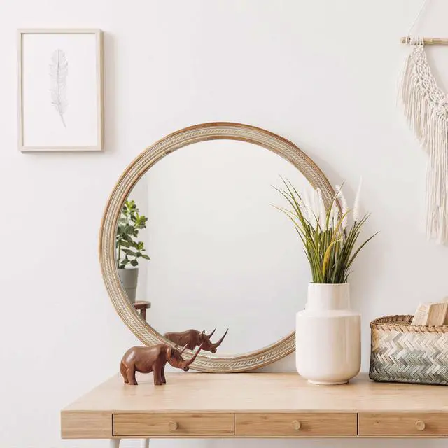 Alt view image 5 of 7 - Round Decorative Wall Mirror with Woven Rattan-Textured Frame (23.62"), Rustic Modern Accent Mirror for Bathroom/Vanity/Living Room (Easy Wall-Mount Design)