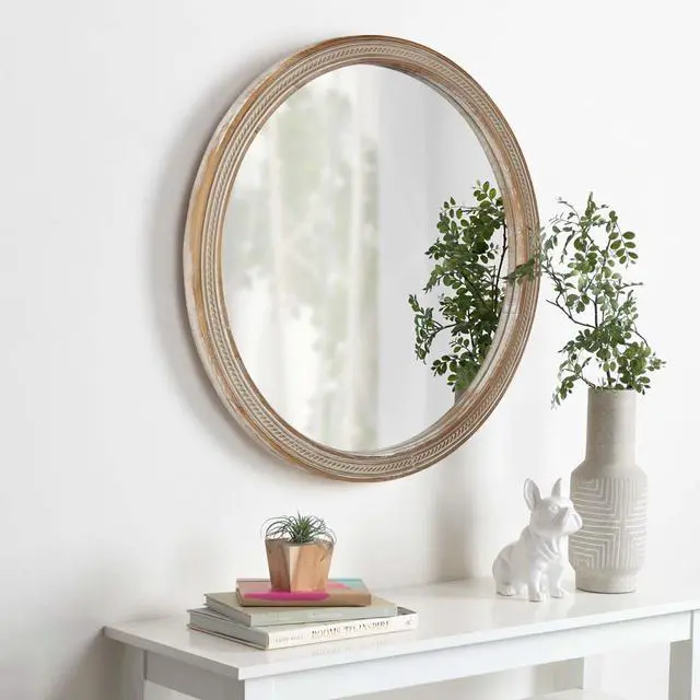 Alt view image 4 of 7 - Round Decorative Wall Mirror with Woven Rattan-Textured Frame (23.62"), Rustic Modern Accent Mirror for Bathroom/Vanity/Living Room (Easy Wall-Mount Design)
