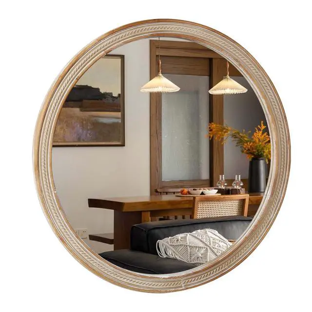 Alt view image 6 of 7 - Round Decorative Wall Mirror with Woven Rattan-Textured Frame (23.62"), Rustic Modern Accent Mirror for Bathroom/Vanity/Living Room (Easy Wall-Mount Design)