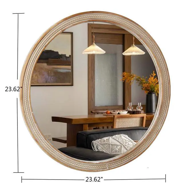 Alt view image 7 of 7 - Round Decorative Wall Mirror with Woven Rattan-Textured Frame (23.62"), Rustic Modern Accent Mirror for Bathroom/Vanity/Living Room (Easy Wall-Mount Design)