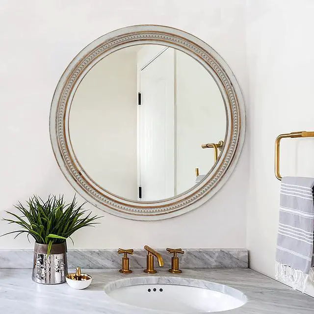 Alt view image 3 of 7 - Vintage Round Wall Mirror, 23.62" Decorative Distressed White Frame Mirror with Ornate Beaded Trim for Bathroom/Living Room/Entryway