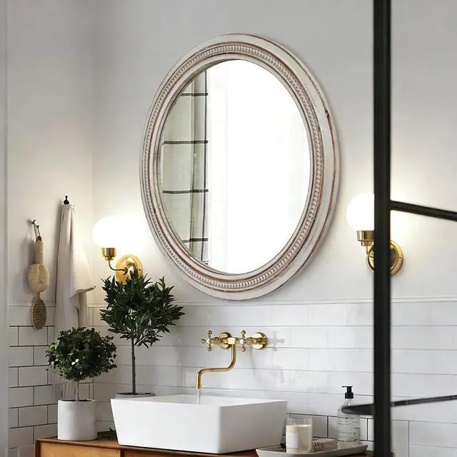 Alt view image 5 of 7 - Vintage Round Wall Mirror, 23.62" Decorative Distressed White Frame Mirror with Ornate Beaded Trim for Bathroom/Living Room/Entryway
