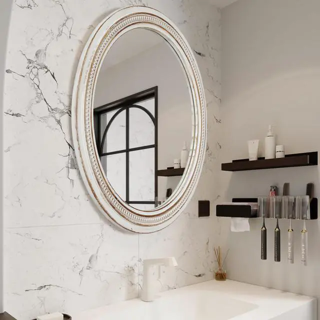 Alt view image 6 of 7 - Vintage Round Wall Mirror, 23.62" Decorative Distressed White Frame Mirror with Ornate Beaded Trim for Bathroom/Living Room/Entryway
