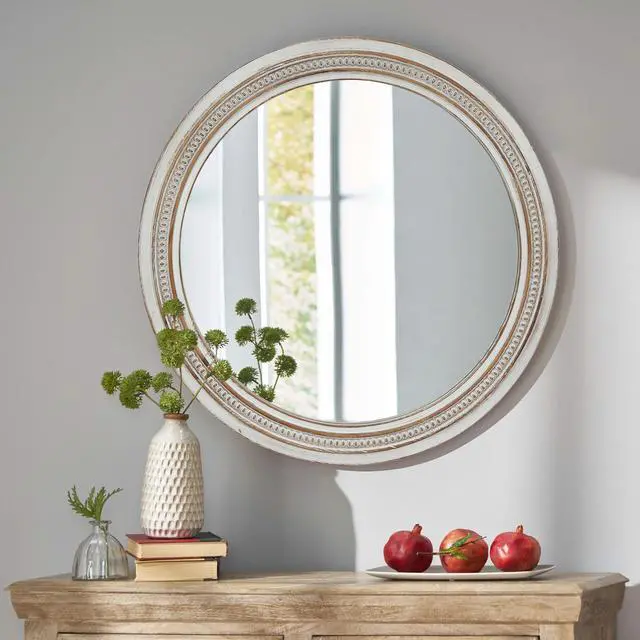 Alt view image 2 of 7 - Vintage Round Wall Mirror, 23.62" Decorative Distressed White Frame Mirror with Ornate Beaded Trim for Bathroom/Living Room/Entryway