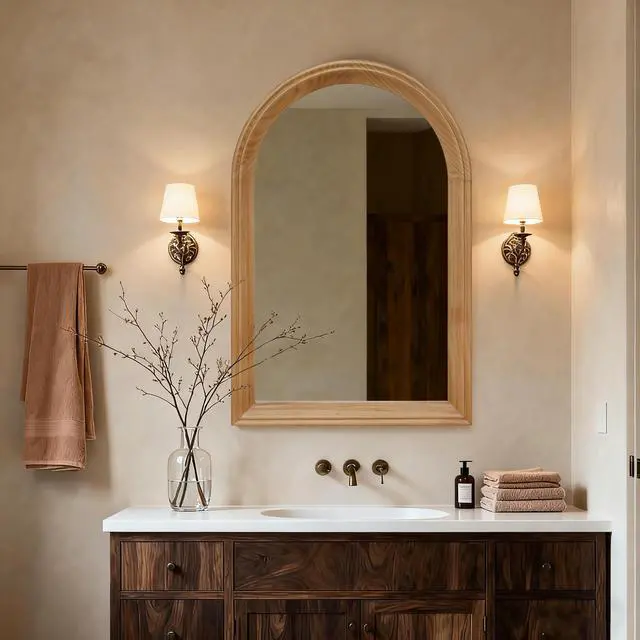 Main image of Arched Wood Framed Wall Mirror, 35.43" H x 23.62" W Rustic Decorative Mirror for Bathroom/Vanity/Living Room (Natural Oak Finish)