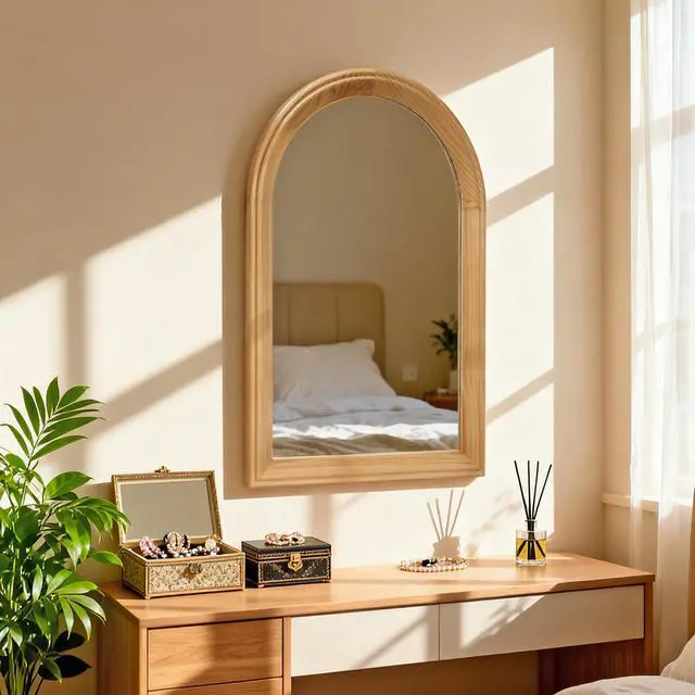 Alt view image 4 of 7 - Arched Wood Framed Wall Mirror, 35.43" H x 23.62" W Rustic Decorative Mirror for Bathroom/Vanity/Living Room (Natural Oak Finish)