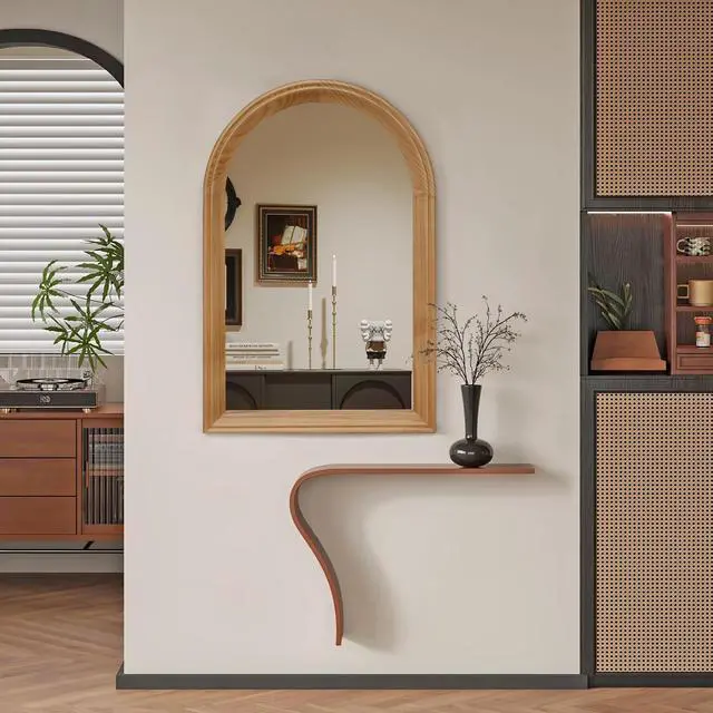 Alt view image 3 of 7 - Arched Wood Framed Wall Mirror, 35.43" H x 23.62" W Rustic Decorative Mirror for Bathroom/Vanity/Living Room (Natural Oak Finish)