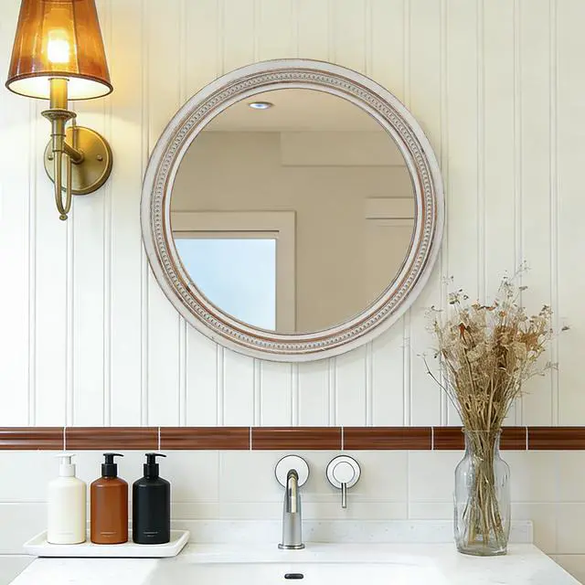 Alt view image 7 of 7 - Vintage Round Wall Mirror, 23.62" Decorative Distressed White Frame Mirror with Ornate Beaded Trim for Bathroom/Living Room/Entryway
