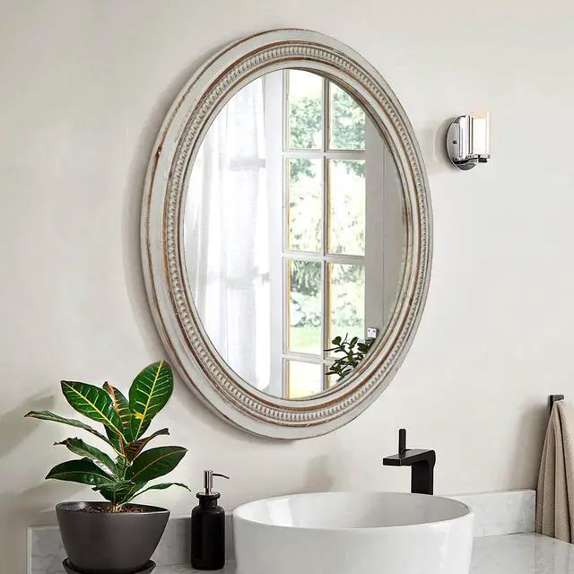 Alt view image 4 of 7 - Vintage Round Wall Mirror, 23.62" Decorative Distressed White Frame Mirror with Ornate Beaded Trim for Bathroom/Living Room/Entryway