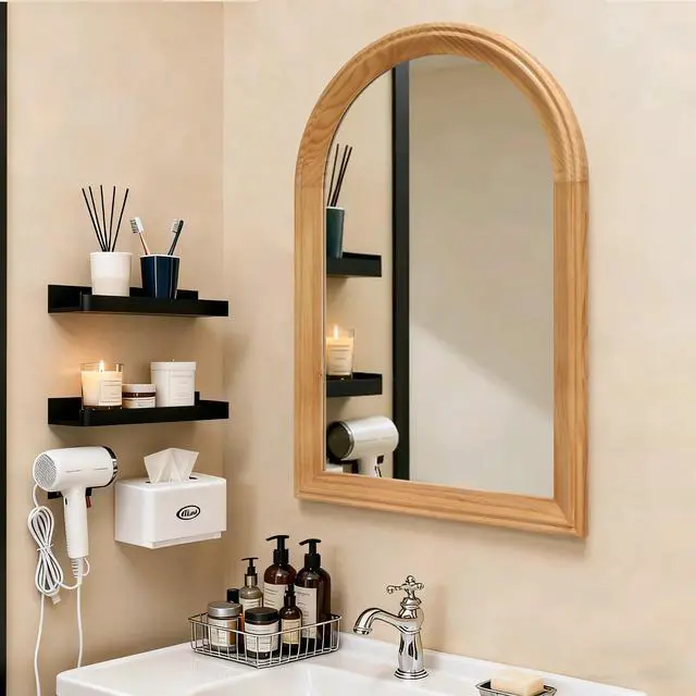Alt view image 5 of 7 - Arched Wood Framed Wall Mirror, 35.43" H x 23.62" W Rustic Decorative Mirror for Bathroom/Vanity/Living Room (Natural Oak Finish)