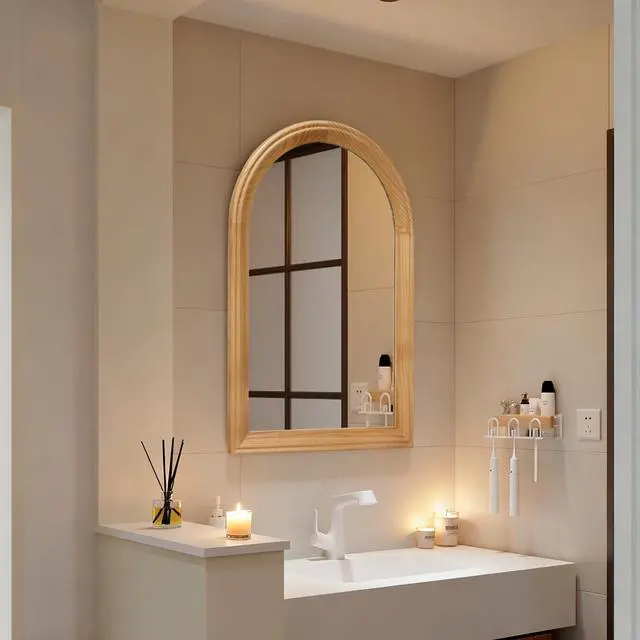 Alt view image 6 of 7 - Arched Wood Framed Wall Mirror, 35.43" H x 23.62" W Rustic Decorative Mirror for Bathroom/Vanity/Living Room (Natural Oak Finish)
