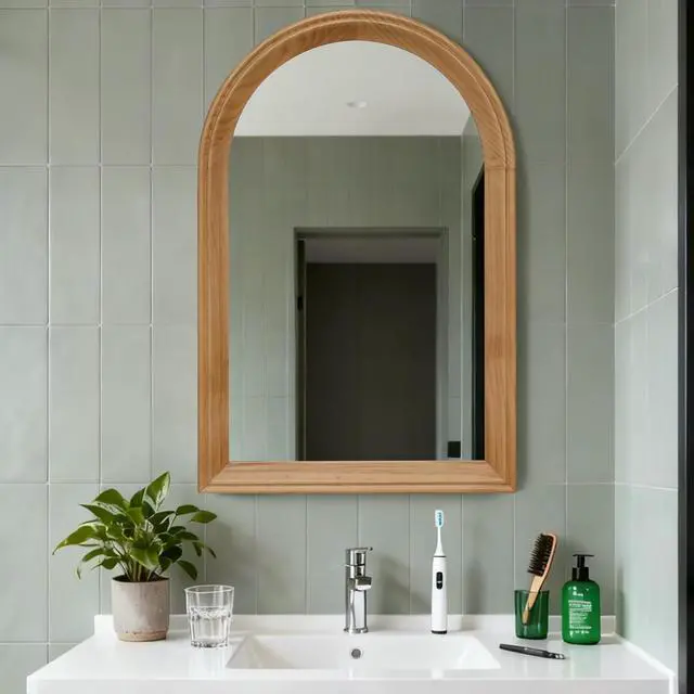 Alt view image 7 of 7 - Arched Wood Framed Wall Mirror, 35.43" H x 23.62" W Rustic Decorative Mirror for Bathroom/Vanity/Living Room (Natural Oak Finish)