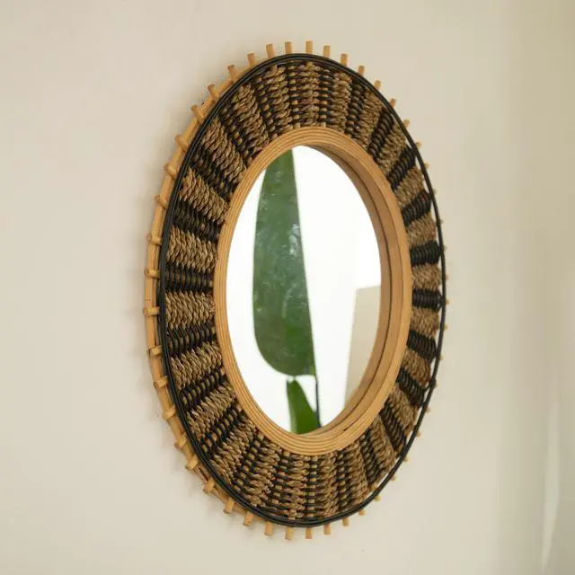 Alt view image 2 of 7 - 23'' Echo Mirror, Bamboo Round Art Wall Mirror with Light Yellow and Black Hemp Ropes, Suitable for Bathroom, Bedroom, Living Room, Entryway, etc.