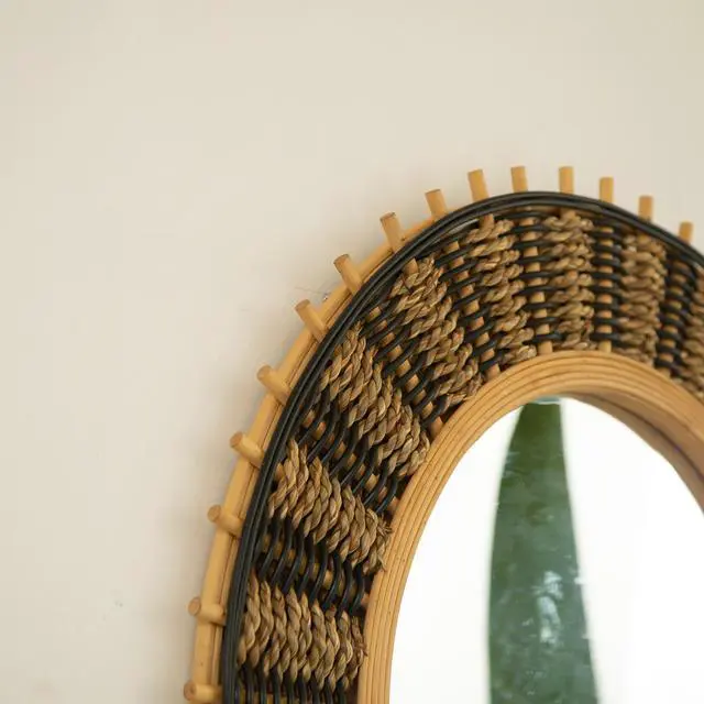 Alt view image 3 of 7 - 23'' Echo Mirror, Bamboo Round Art Wall Mirror with Light Yellow and Black Hemp Ropes, Suitable for Bathroom, Bedroom, Living Room, Entryway, etc.