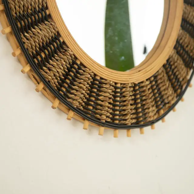 Alt view image 5 of 7 - 23'' Echo Mirror, Bamboo Round Art Wall Mirror with Light Yellow and Black Hemp Ropes, Suitable for Bathroom, Bedroom, Living Room, Entryway, etc.