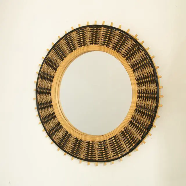 Alt view image 6 of 7 - 23'' Echo Mirror, Bamboo Round Art Wall Mirror with Light Yellow and Black Hemp Ropes, Suitable for Bathroom, Bedroom, Living Room, Entryway, etc.