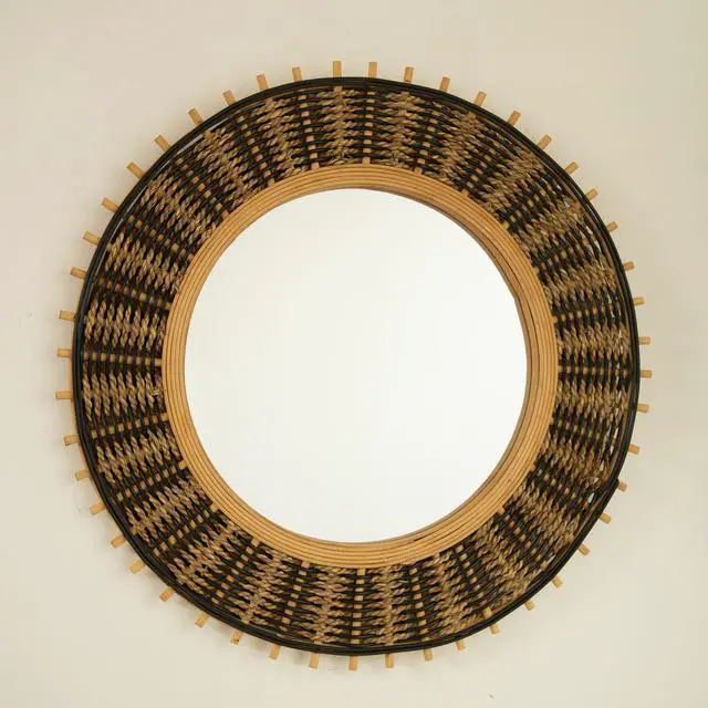 Alt view image 4 of 7 - 23'' Echo Mirror, Bamboo Round Art Wall Mirror with Light Yellow and Black Hemp Ropes, Suitable for Bathroom, Bedroom, Living Room, Entryway, etc.