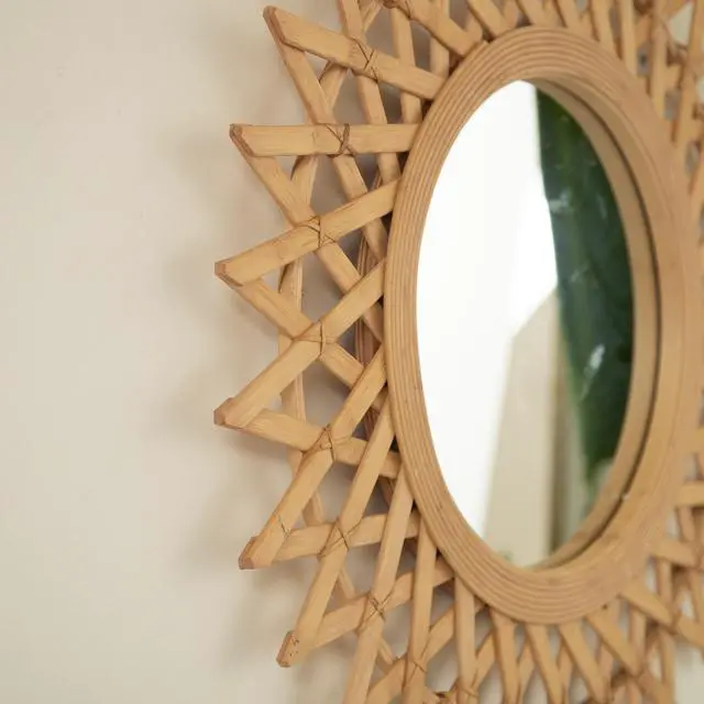 Alt view image 6 of 7 - 24'' Solana Mirror, Wall-mounted Bamboo Artistry Circle Mirror with Hemp, Irregular Shape, Suitable for Bathroom, Bedroom, Living Room, Entryway, etc.