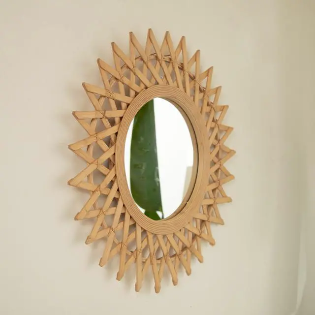 Alt view image 2 of 7 - 24'' Solana Mirror, Wall-mounted Bamboo Artistry Circle Mirror with Hemp, Irregular Shape, Suitable for Bathroom, Bedroom, Living Room, Entryway, etc.