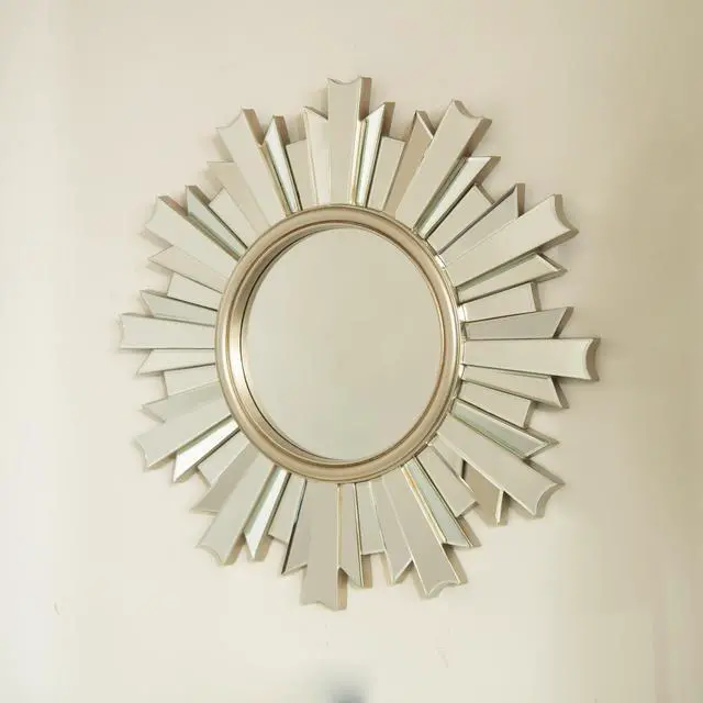 Alt view image 6 of 7 - 26'' HenGis Mirror, Wall-mounted Sunburst-shaped PU Art Decorative Mirror, Suitable for Bathroom, Bedroom, Living Room, Corridor, Entryway, etc.