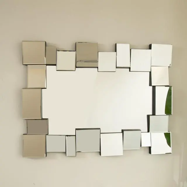 Alt view image 5 of 7 - 30'' Reage Mirror, Wall-mounted Geometric Square-spliced PU Art Decorative Mirror, Suitable for Bathroom, Bedroom, Living Room, Corridor, Entryway, etc.