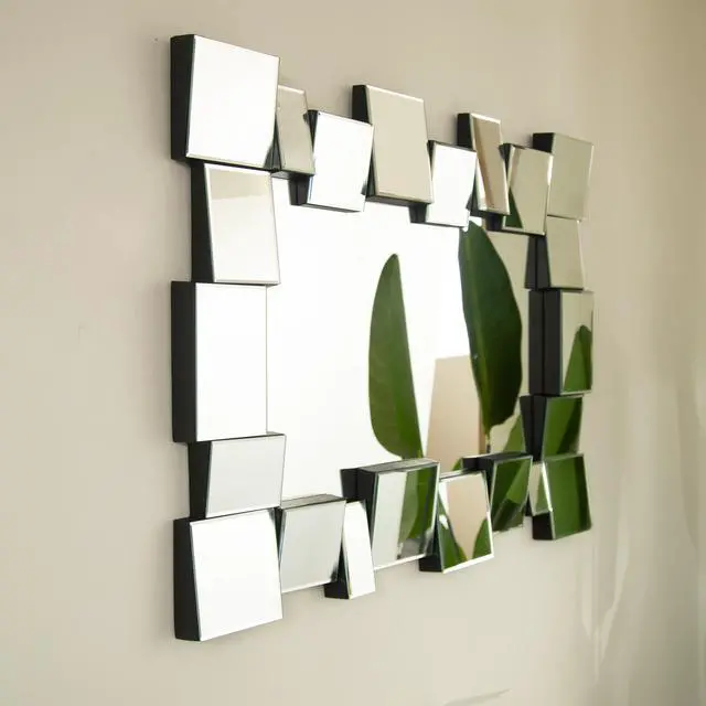 Alt view image 2 of 7 - 30'' Reage Mirror, Wall-mounted Geometric Square-spliced PU Art Decorative Mirror, Suitable for Bathroom, Bedroom, Living Room, Corridor, Entryway, etc.