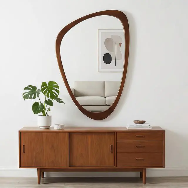 Alt view image 4 of 7 - Black Walnut Color 20"x30" Irregular Solid Wood Frame Decorative Mirror,For Bedroom, Bathroom, Living Room, Entryway