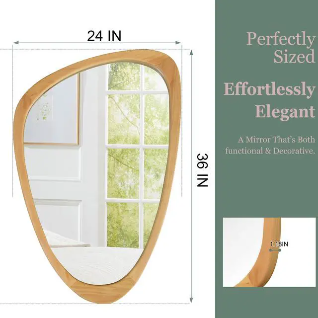 Alt view image 5 of 7 - OAK Color 24"x36" Irregular Solid Wood Frame Decorative Mirror,For Bedroom, Bathroom, Living Room, Entryway