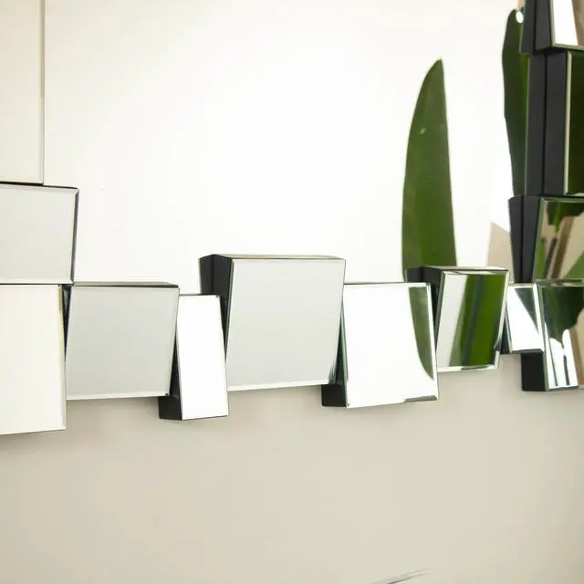 Alt view image 6 of 7 - 30'' Reage Mirror, Wall-mounted Geometric Square-spliced PU Art Decorative Mirror, Suitable for Bathroom, Bedroom, Living Room, Corridor, Entryway, etc.