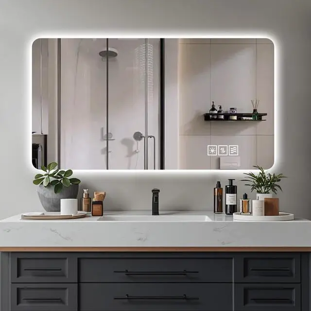 Alt view image 2 of 7 - Wall mounted LED lighting mirror/bathroom mirror/full-length mirror/makeup mirror, three color lighting+dimming+IP44 waterproof+anti fog+touch switch 24 × 48 inches