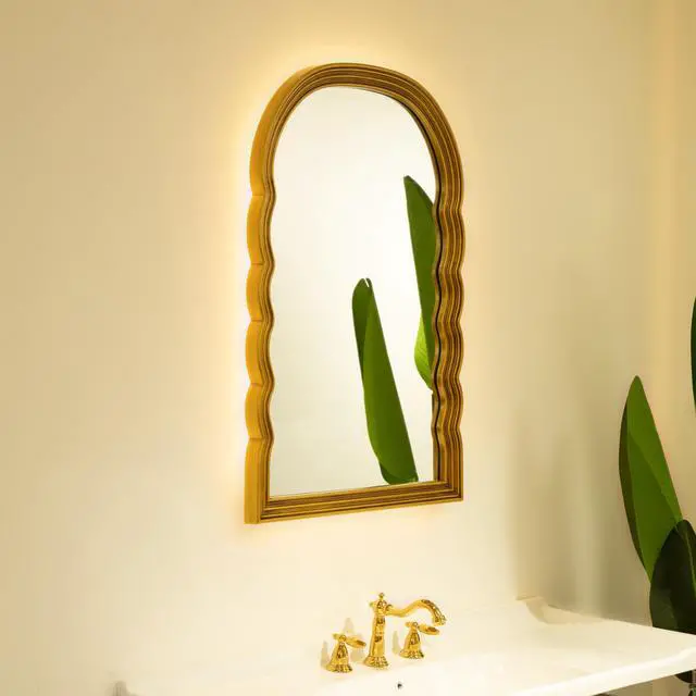 Alt view image 2 of 7 - 24'' Lumina Mirror, Golden Scalloped Sides Retro-style Arched PU Decorative Mirror, Three Color Temperatures are Available, Suitable for Bathroom, Bedroom, Living Room, Corridor, Entryway, etc.