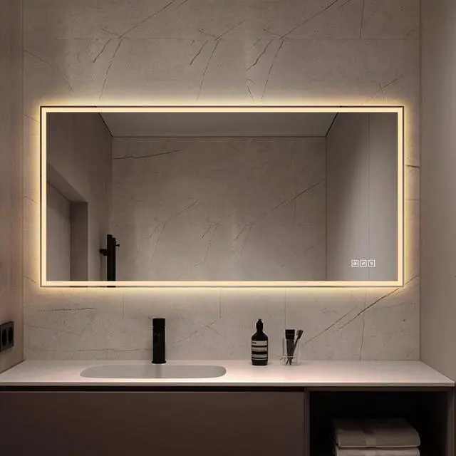 Alt view image 4 of 7 - 48 in. x 24 in. LED Bathroom Vanity Wall Mirror with Straight-Edge Design, Frosted Glass Finish, Anti-Fog, Dimmable 3 Color Lighting, Copper-Free Silver Glass