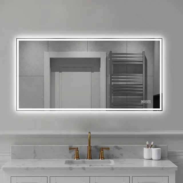 Alt view image 2 of 7 - 48 in. x 24 in. LED Bathroom Vanity Wall Mirror with Straight-Edge Design, Frosted Glass Finish, Anti-Fog, Dimmable 3 Color Lighting, Copper-Free Silver Glass
