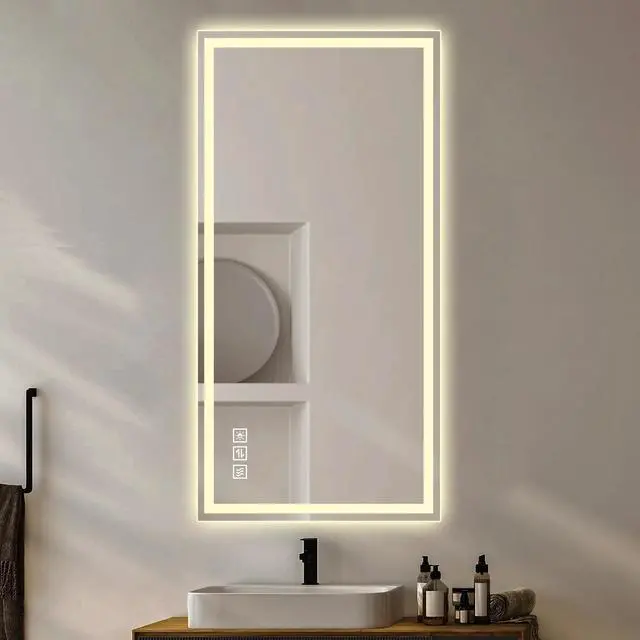 Alt view image 6 of 7 - 48 in. x 24 in. LED Bathroom Vanity Wall Mirror with Straight-Edge Design, Frosted Glass Finish, Anti-Fog, Dimmable 3 Color Lighting, Copper-Free Silver Glass