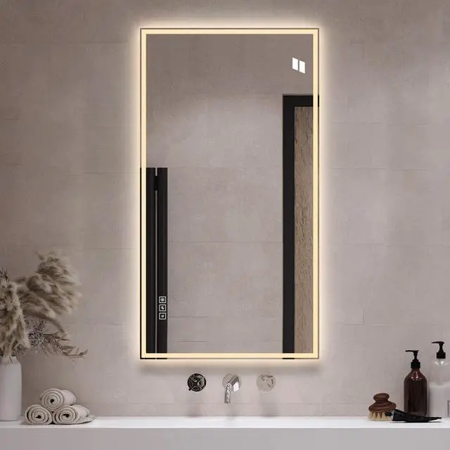 Alt view image 5 of 7 - 48 in. x 24 in. LED Bathroom Vanity Wall Mirror with Straight-Edge Design, Frosted Glass Finish, Anti-Fog, Dimmable 3 Color Lighting, Copper-Free Silver Glass