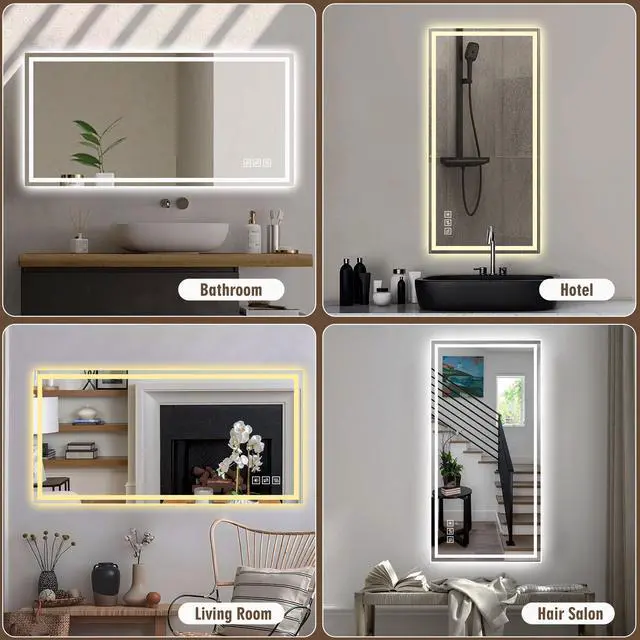 Alt view image 7 of 7 - 48 in. x 24 in. LED Bathroom Vanity Wall Mirror with Straight-Edge Design, Frosted Glass Finish, Anti-Fog, Dimmable 3 Color Lighting, Copper-Free Silver Glass