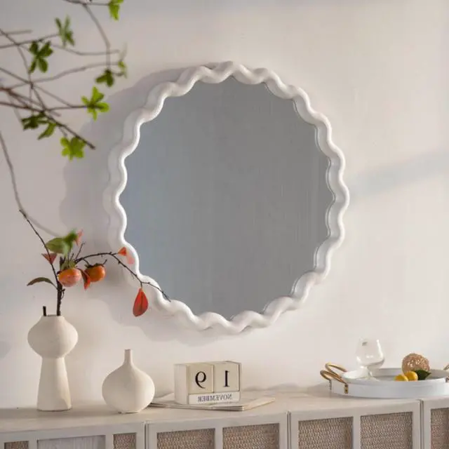 Alt view image 2 of 7 - White Scalloped Round Wall Mirror, Wavy Frame for Living Room/Bedroom/Bathroom Decor