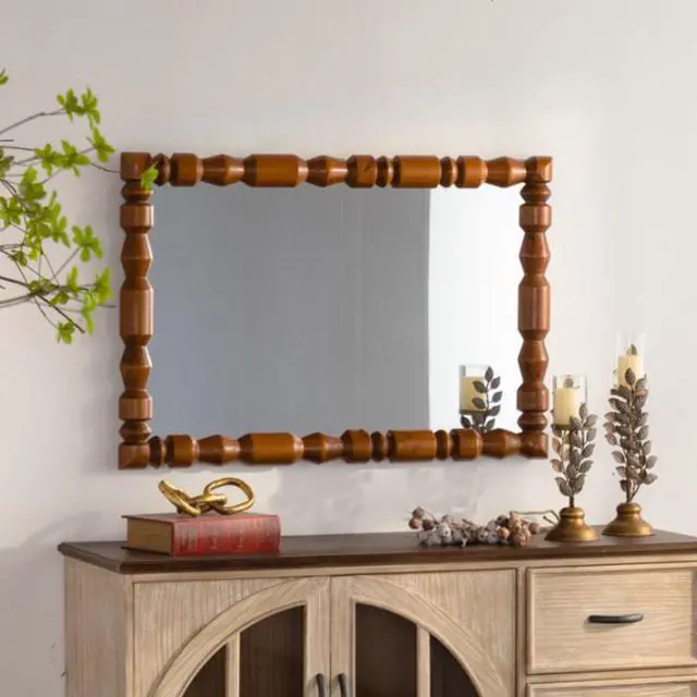 Alt view image 2 of 7 - Vintage Wooden Carved Wall Mirror, Decorative Column Frame for Living Room/Entryway Retro Decor